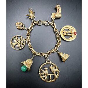 Vintage 1960s Gold Tone Charm Bracelet Wedding Birds Tree of Life